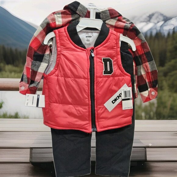 Dkny Other - DKNY Size 18M Set Of 3, Red Vest/ Black Pants/ Red Plaid Button Up Long Sleeve